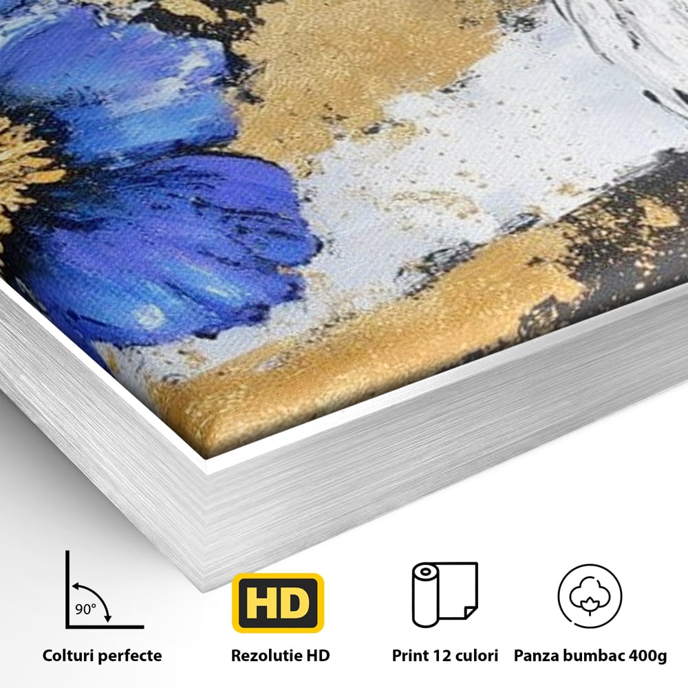 Detaliu al suprafetei: pictura canvas cu soim si floare, in rama de aluminiu argintiu