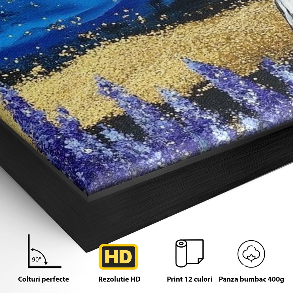 Detaliu al suprafetei: tablou canvas cu vultur si lavanda, in rama de aluminiu negru