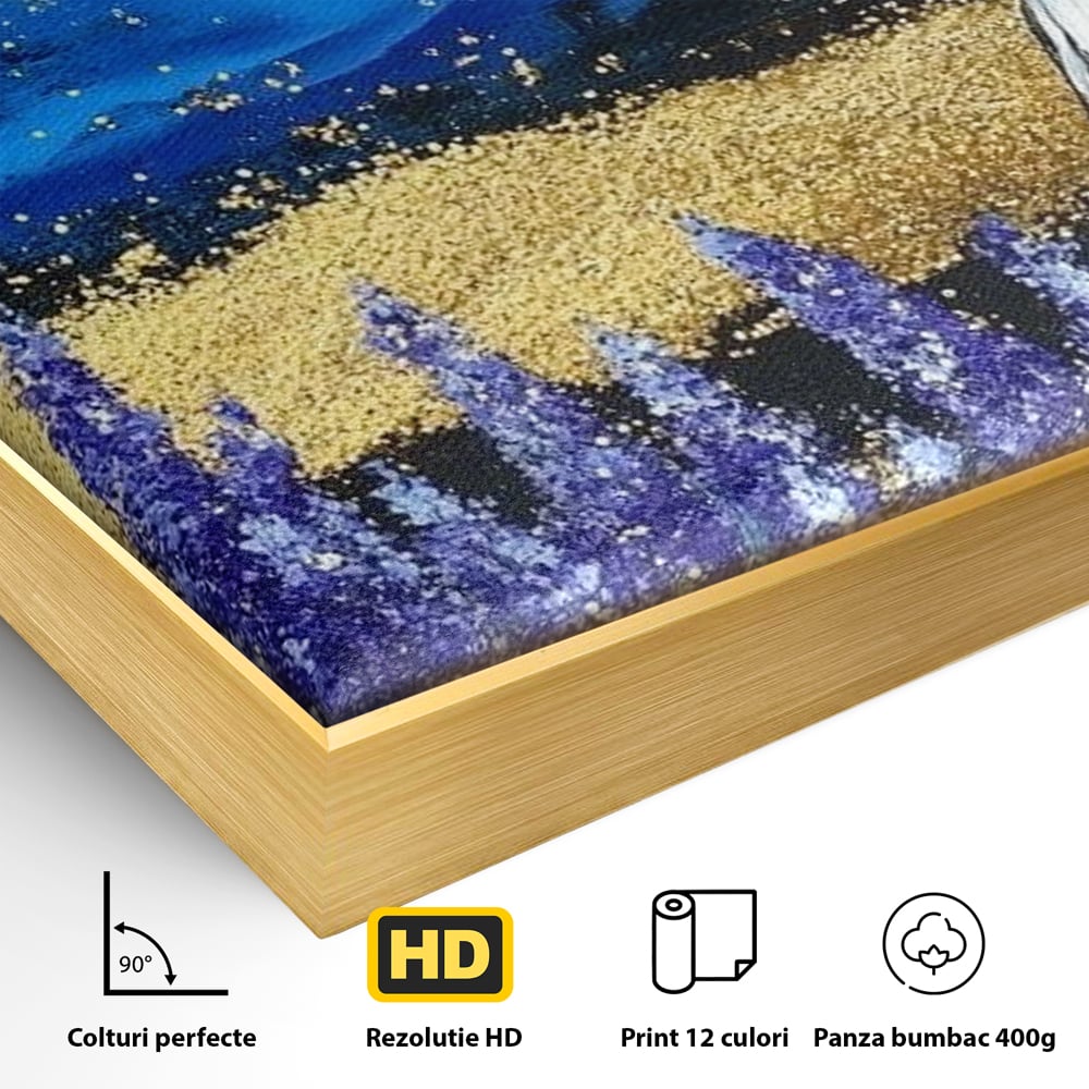 Detaliu al suprafetei: tablou canvas cu vultur si lavanda, in rama de aluminiu auriu