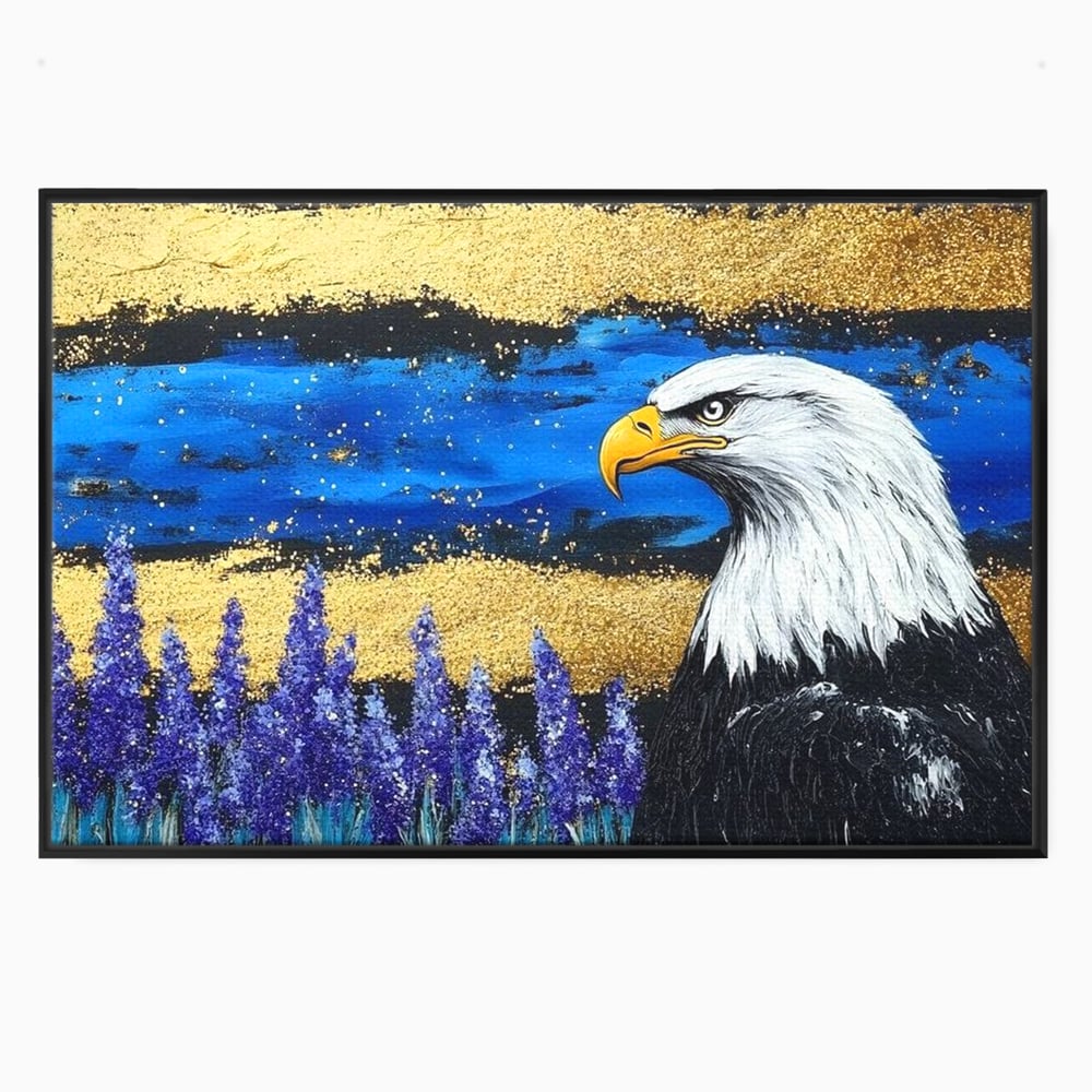 Tablou canvas cu tablou canvas cu vultur si lavanda, in rama de aluminiu negru