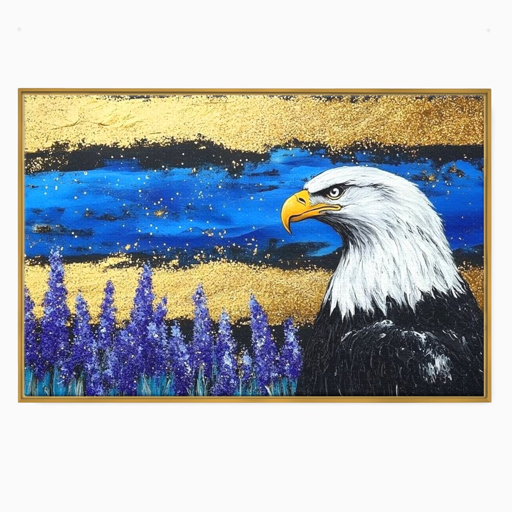 Tablou canvas cu tablou canvas cu vultur si lavanda, in rama de aluminiu auriu