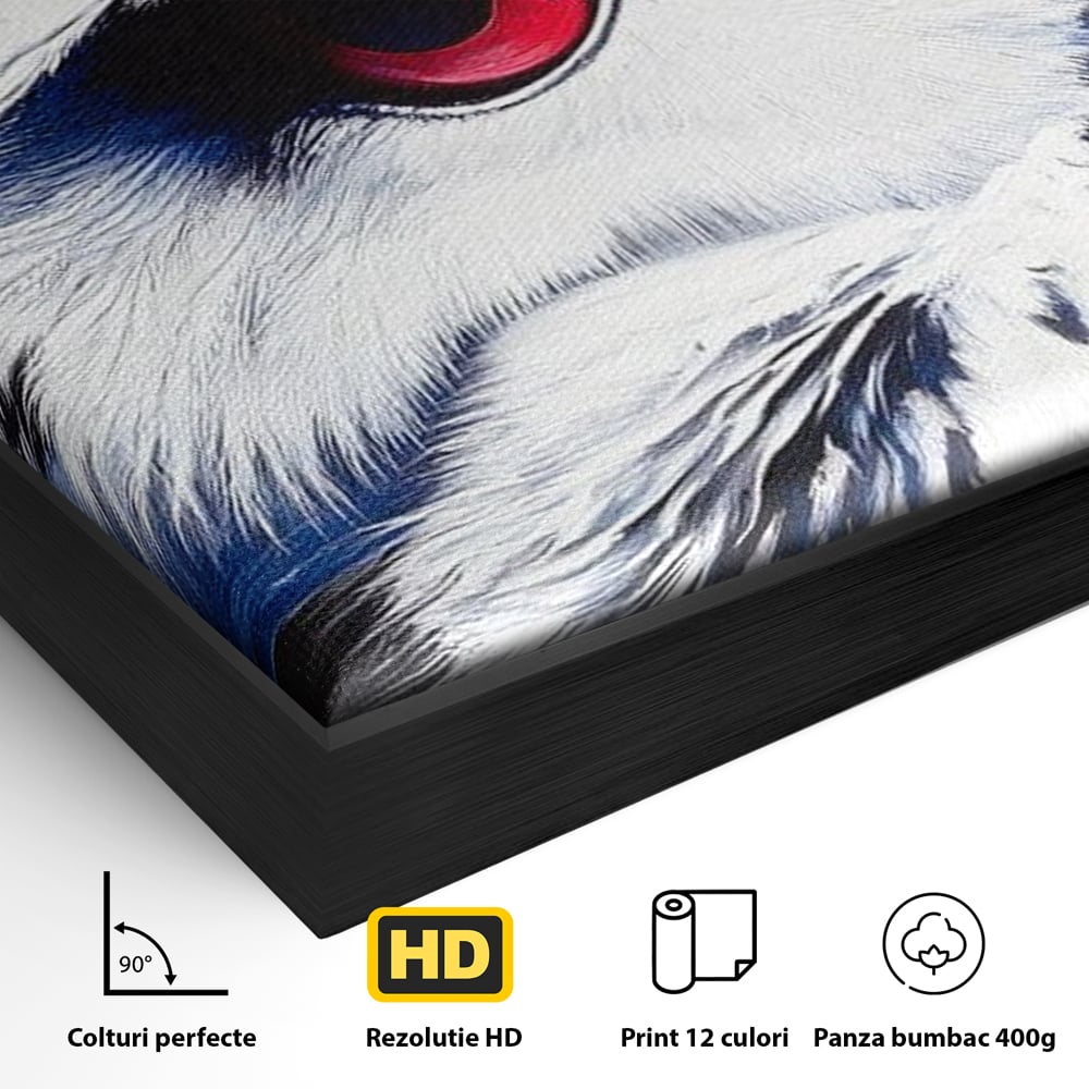 Detaliu al suprafetei: tablou canvas cu ochi de bufnita si iris rosu, in rama de aluminiu negru