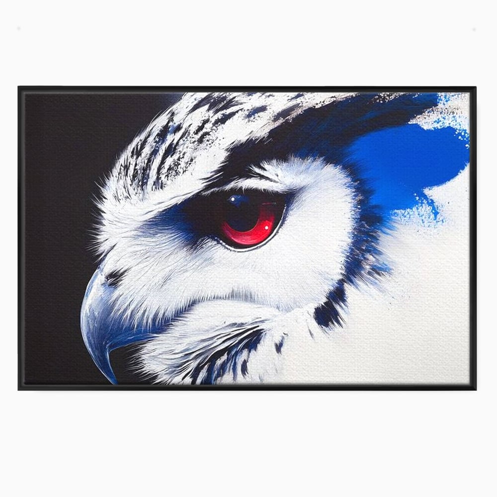 Tablou canvas cu tablou canvas cu ochi de bufnita si iris rosu, in rama de aluminiu negru