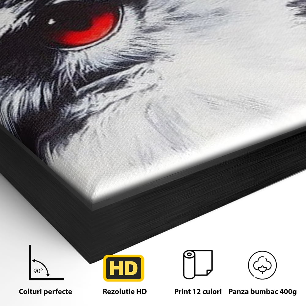 Detaliu al suprafetei: tablou canvas cu vultur si ochi rosu, in rama de aluminiu negru