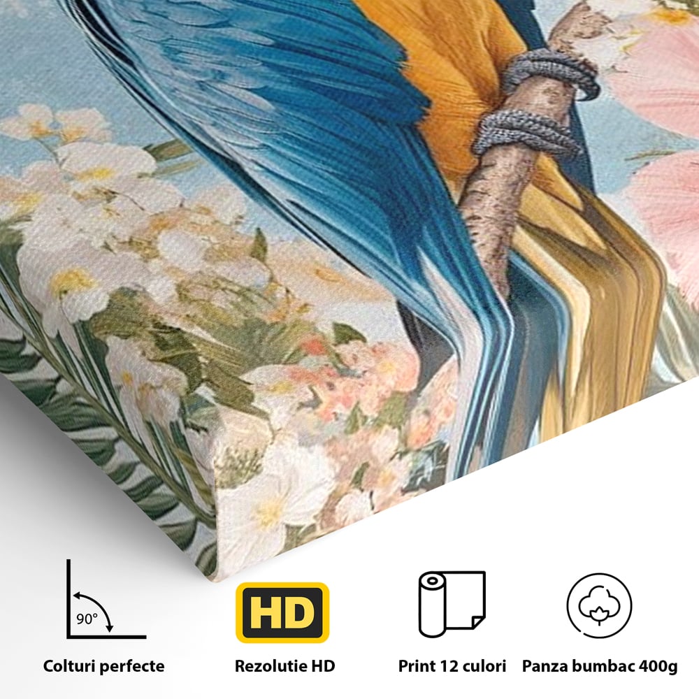 Detaliu al suprafetei: tablou canvas cu papagal colorat, fara rama, pe sasiu de lemn