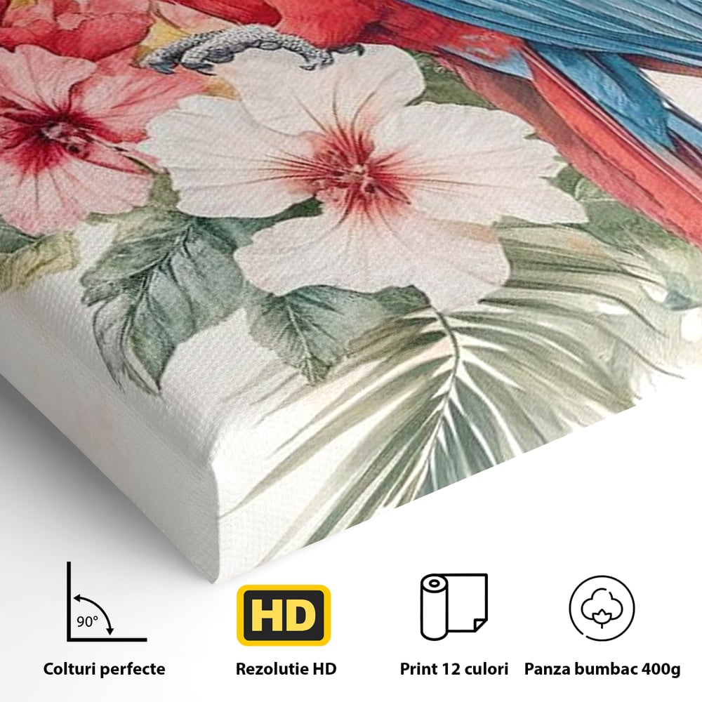 Detaliu al suprafetei: tablou canvas cu papagal multicolor si flori, fara rama, pe sasiu de lemn