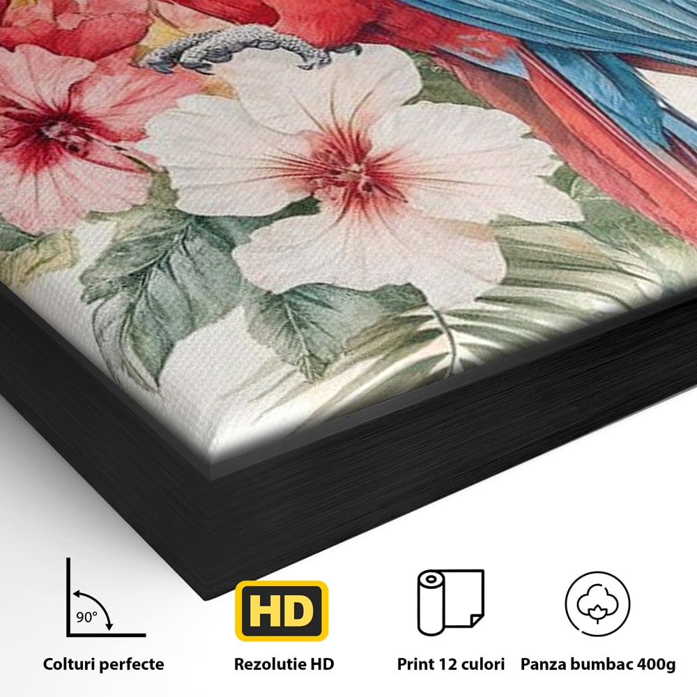 Detaliu al suprafetei: tablou canvas cu papagal multicolor si flori, in rama de aluminiu negru