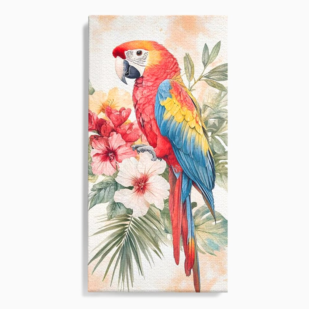 Tablou canvas cu tablou canvas cu papagal multicolor si flori, fara rama, pe sasiu de lemn