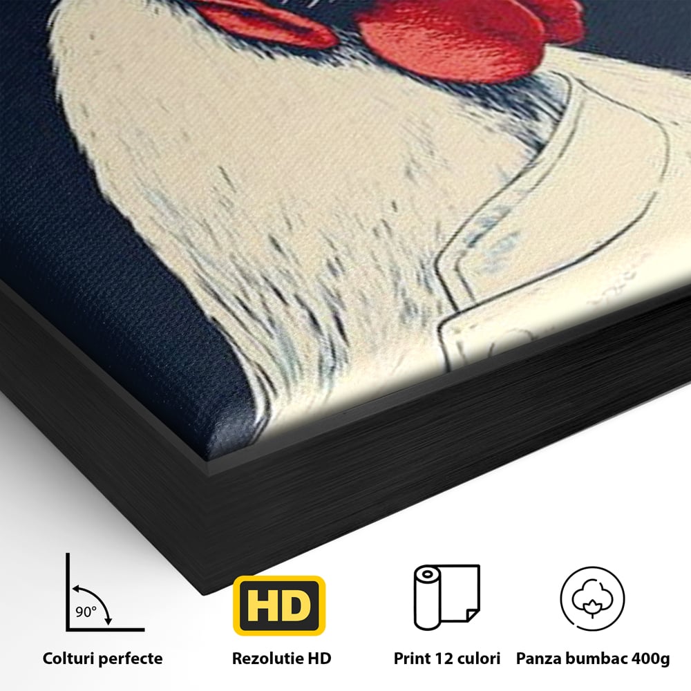 Detaliu al suprafetei: tablou canvas cu gaina bucatar, in rama de aluminiu negru