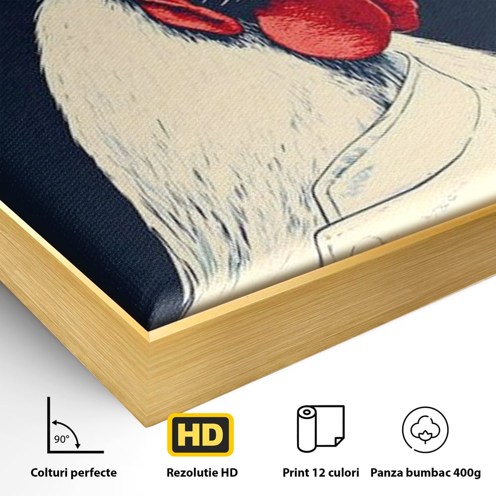 Detaliu al suprafetei: tablou canvas cu gaina bucatar, in rama de aluminiu auriu