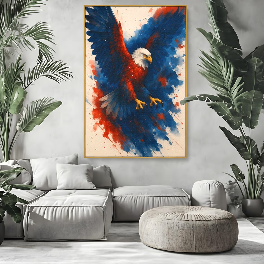 Tablou canvas cu tablou canvas vultur in zbor, in rama de aluminiu auriu, pe perete intr-un living