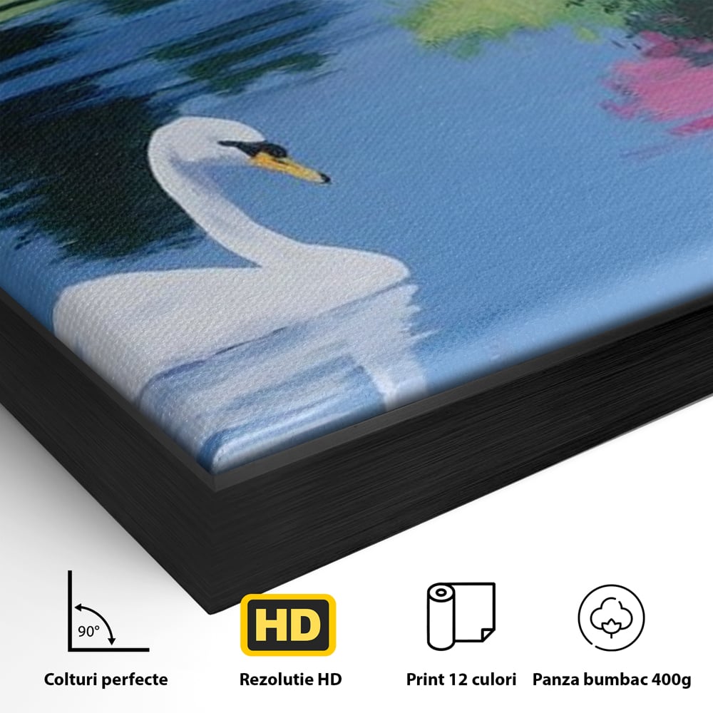 Detaliu al suprafetei: pictura cu lebada pe lac si flori, in rama de aluminiu negru