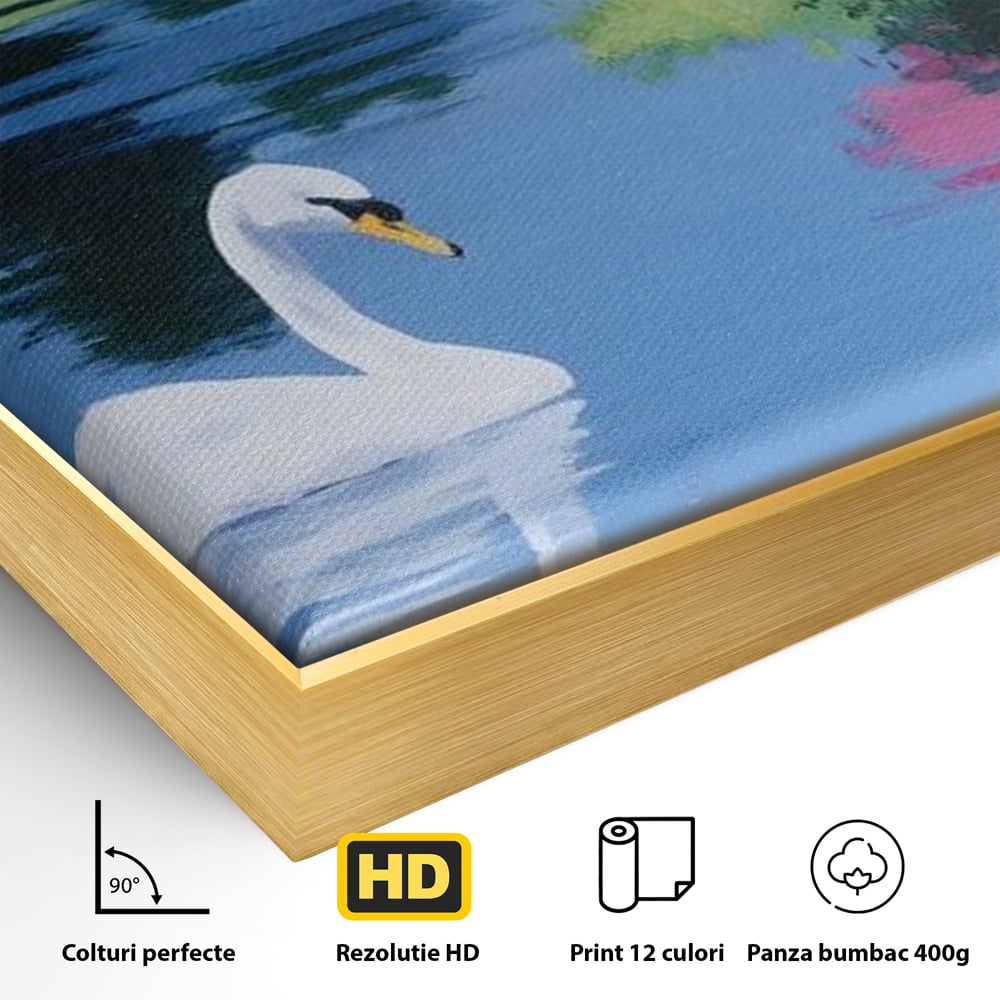 Detaliu al suprafetei: pictura cu lebada pe lac si flori, in rama de aluminiu auriu