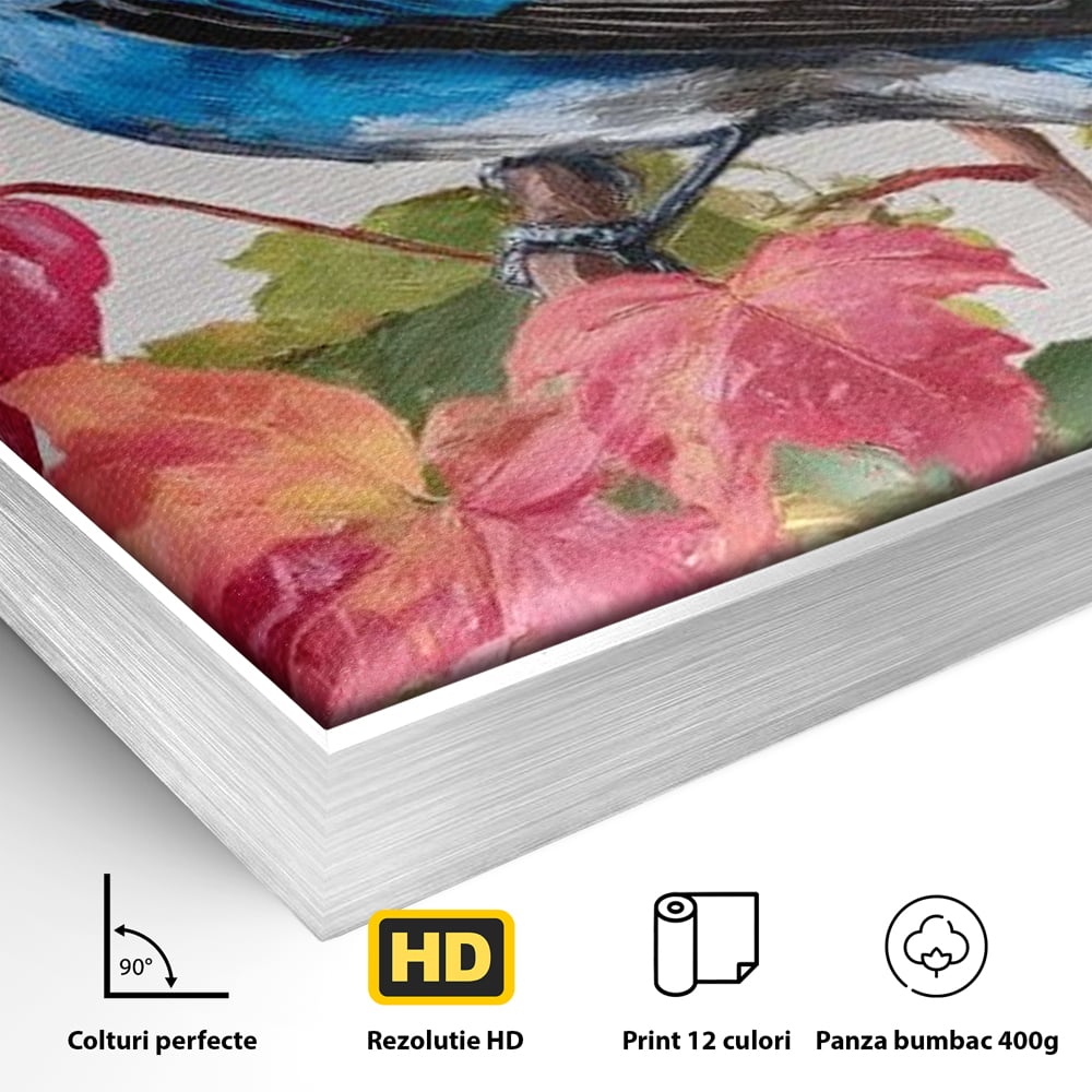 Detaliu al suprafetei: tablou canvas cu pasare albastra si frunze de toamna, in rama de aluminiu argintiu
