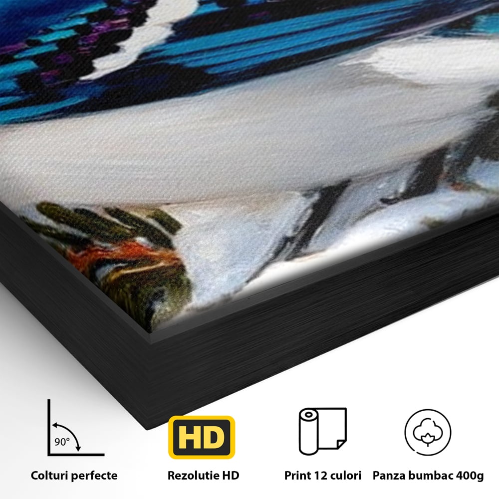 Detaliu al suprafetei: tablou canvas cu o gaiet albastra pe creanga inzapezita, in rama de aluminiu negru