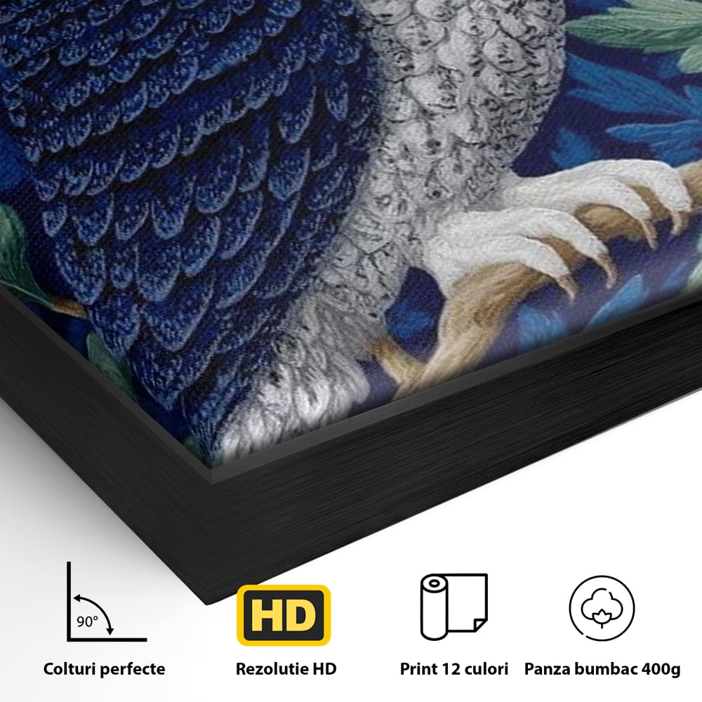 Detaliu al suprafetei: tablou canvas cu bufnita albastra, in rama de aluminiu negru