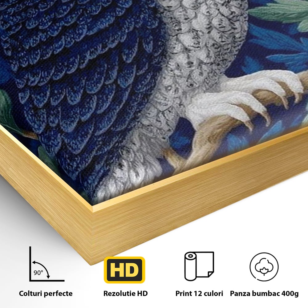 Detaliu al suprafetei: tablou canvas cu bufnita albastra, in rama de aluminiu auriu