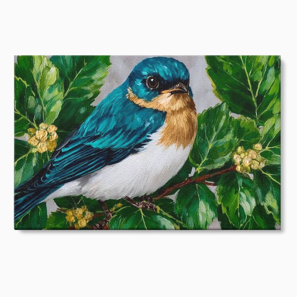 Tablou canvas cu tablou canvas cu pasare albastra printre frunze, fara rama, pe sasiu de lemn