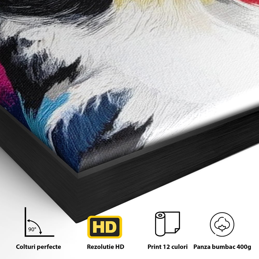 Detaliu al suprafetei: tablou canvas cu pasare colorata in profil, in rama de aluminiu negru