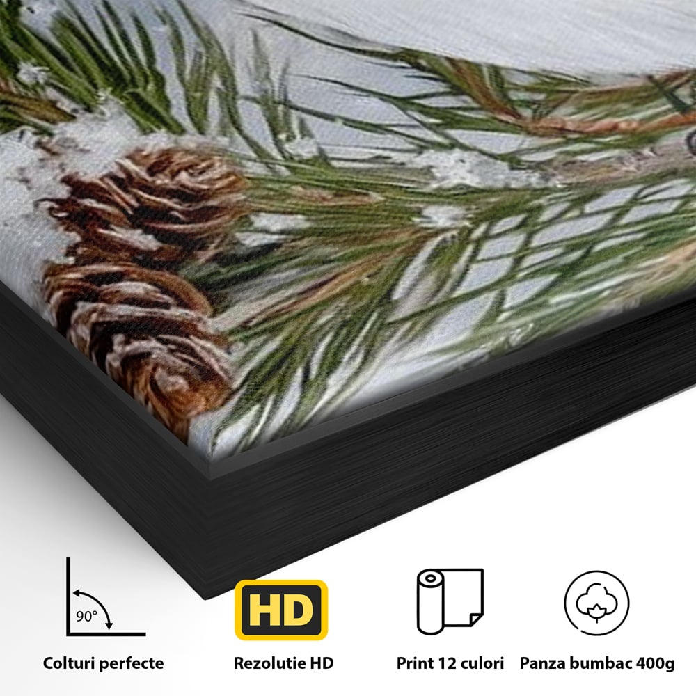 Detaliu al suprafetei: tablou canvas cu pasare albastra pe ramura, in rama de aluminiu negru