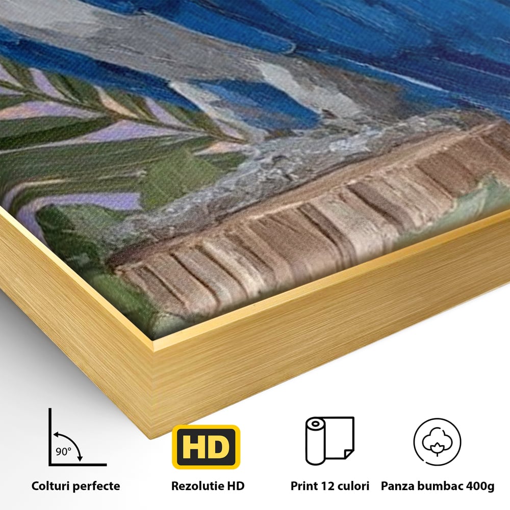 Detaliu al suprafetei: tablou canvas cu papagal albastru si flori, in rama de aluminiu auriu