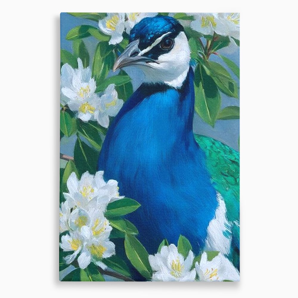 Tablou canvas cu tablou canvas cu paun si flori albe, fara rama, pe sasiu de lemn