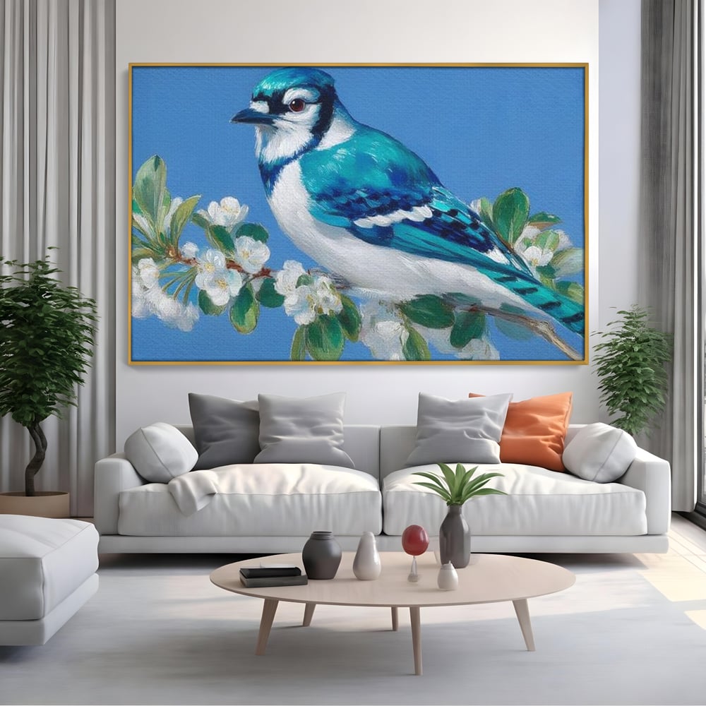 Tablou canvas cu tablou canvas cu gai albastra pe ramura, in rama de aluminiu auriu, pe perete intr-un living