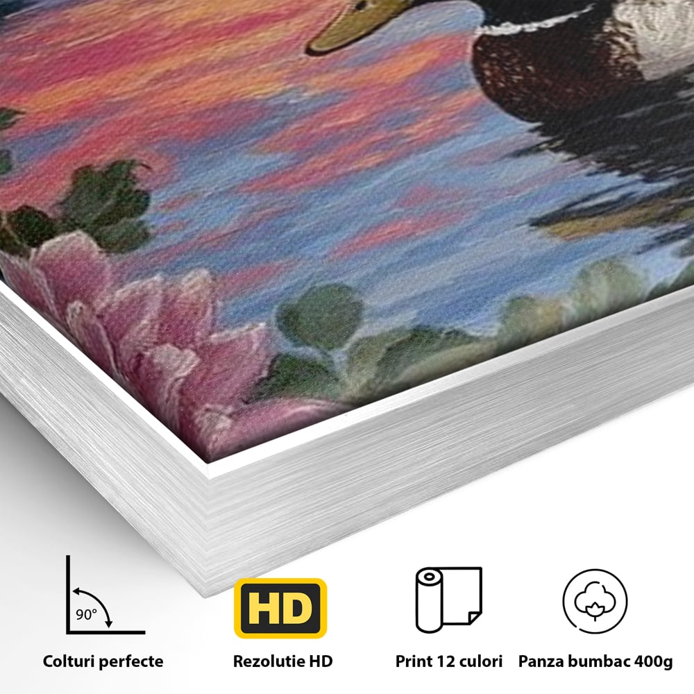 Detaliu al suprafetei: tablou canvas cu rata si nufar pe lac, in rama de aluminiu argintiu