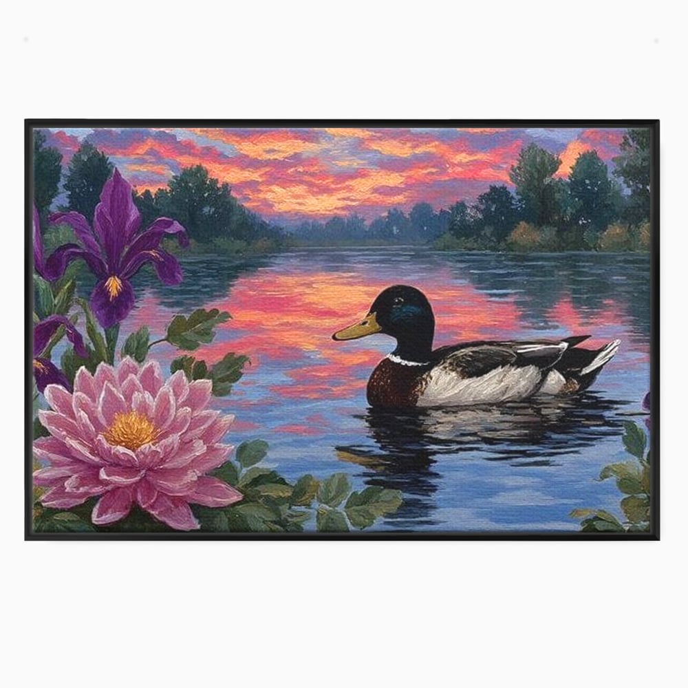 Tablou canvas cu tablou canvas cu rata si nufar pe lac, in rama de aluminiu negru