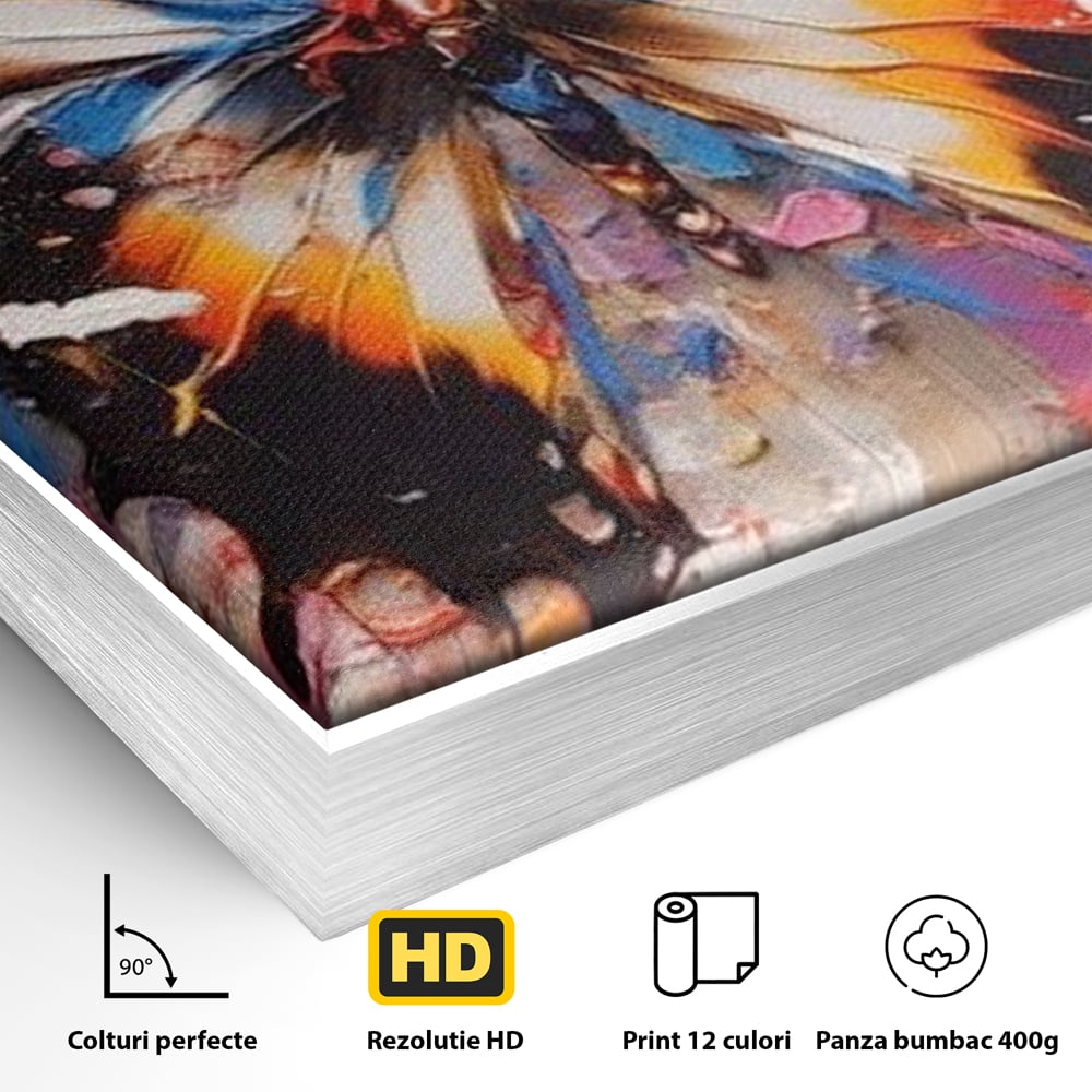 Detaliu al suprafetei: tablou vertical cu fluture pictat, in rama de aluminiu argintiu