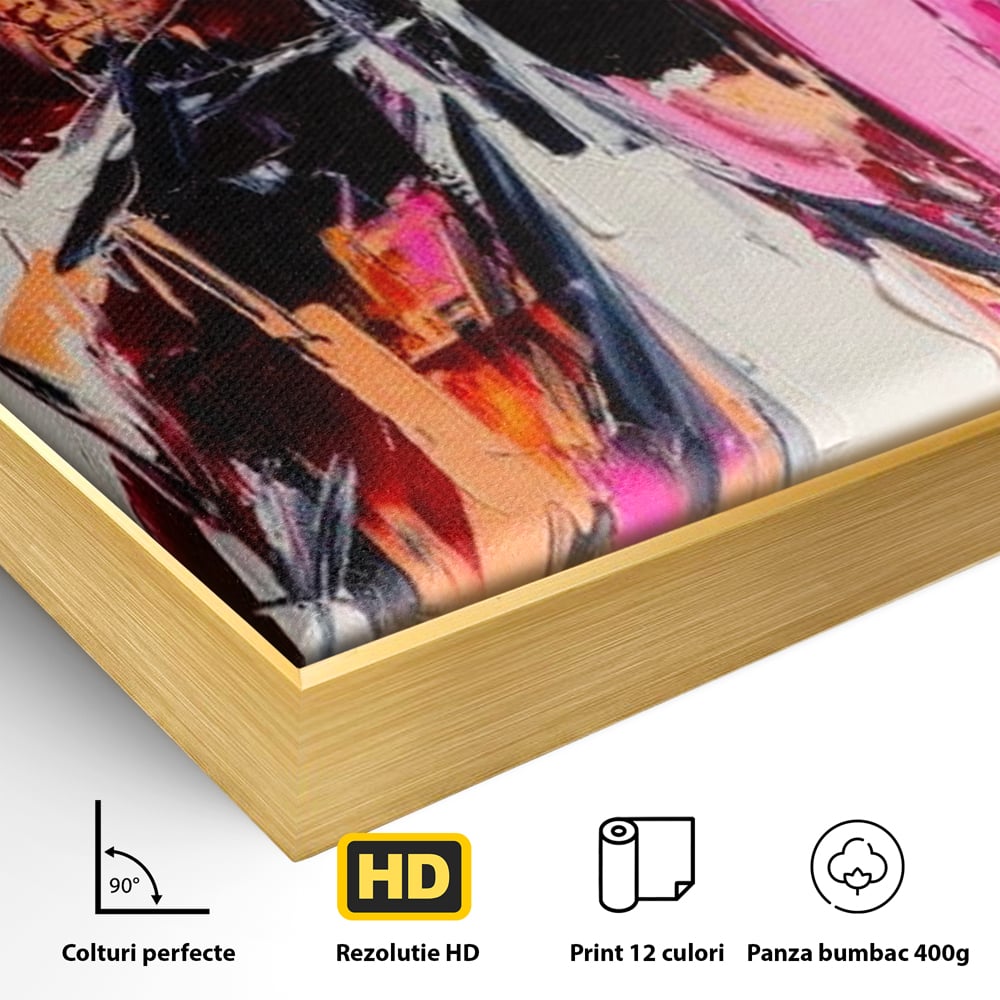 Detaliu al suprafetei: tablou canvas cu fluture in stil graffiti, in rama de aluminiu auriu