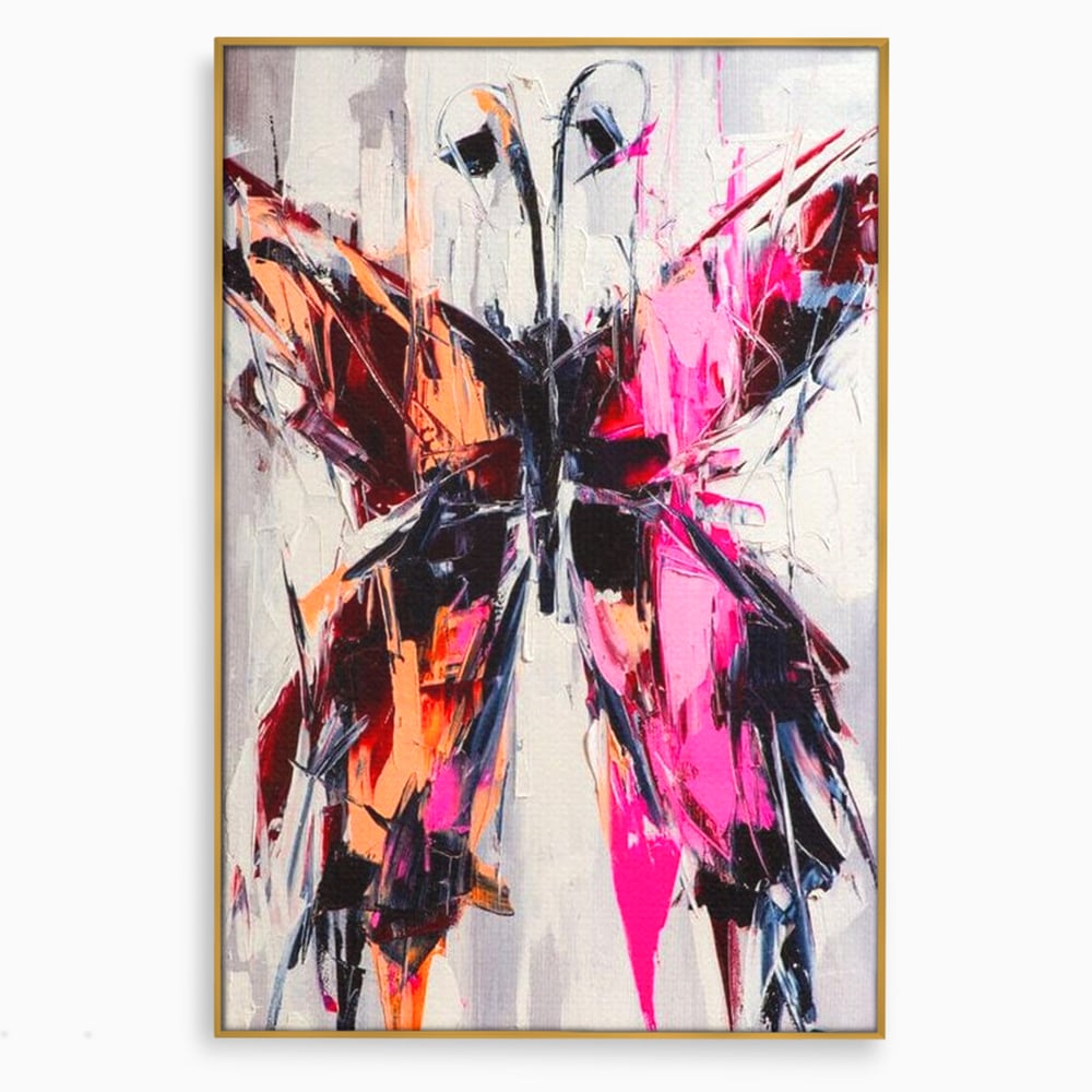 Tablou canvas cu tablou canvas cu fluture in stil graffiti, in rama de aluminiu auriu