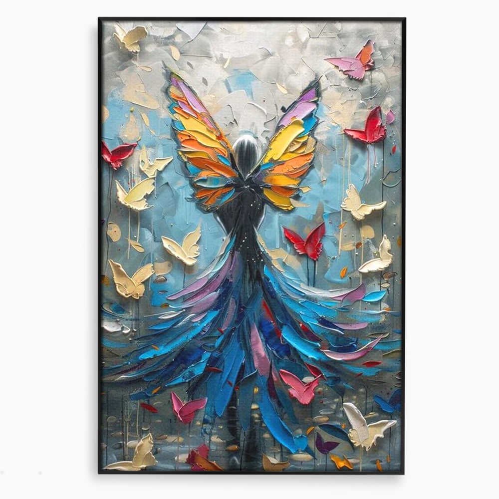 Tablou canvas cu tablou canvas cu femeie si aripi de fluture, in rama de aluminiu negru