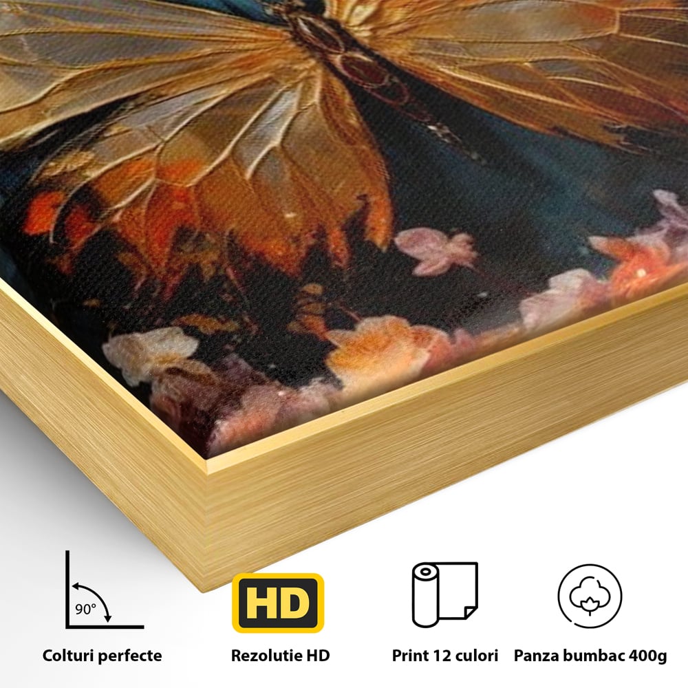 Detaliu al suprafetei: tablou canvas cu fluture auriu si flori, in rama de aluminiu auriu