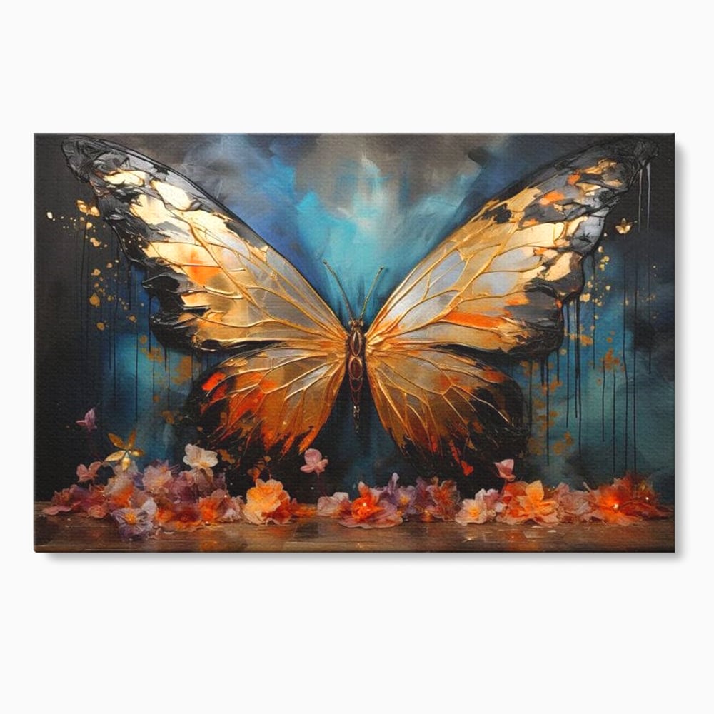 Tablou canvas cu tablou canvas cu fluture auriu si flori, fara rama, pe sasiu de lemn