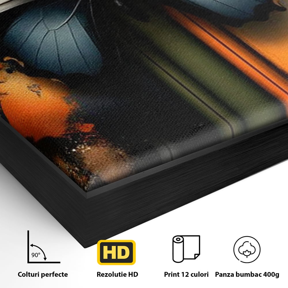 Detaliu al suprafetei: tablou canvas cu fluture si linii colorate, in rama de aluminiu negru