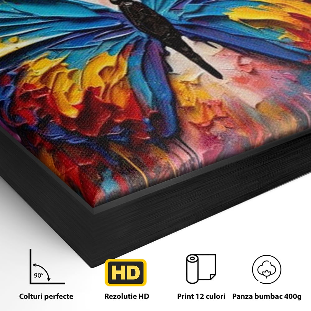 Detaliu al suprafetei: pictura cu fluture colorat, in rama de aluminiu negru
