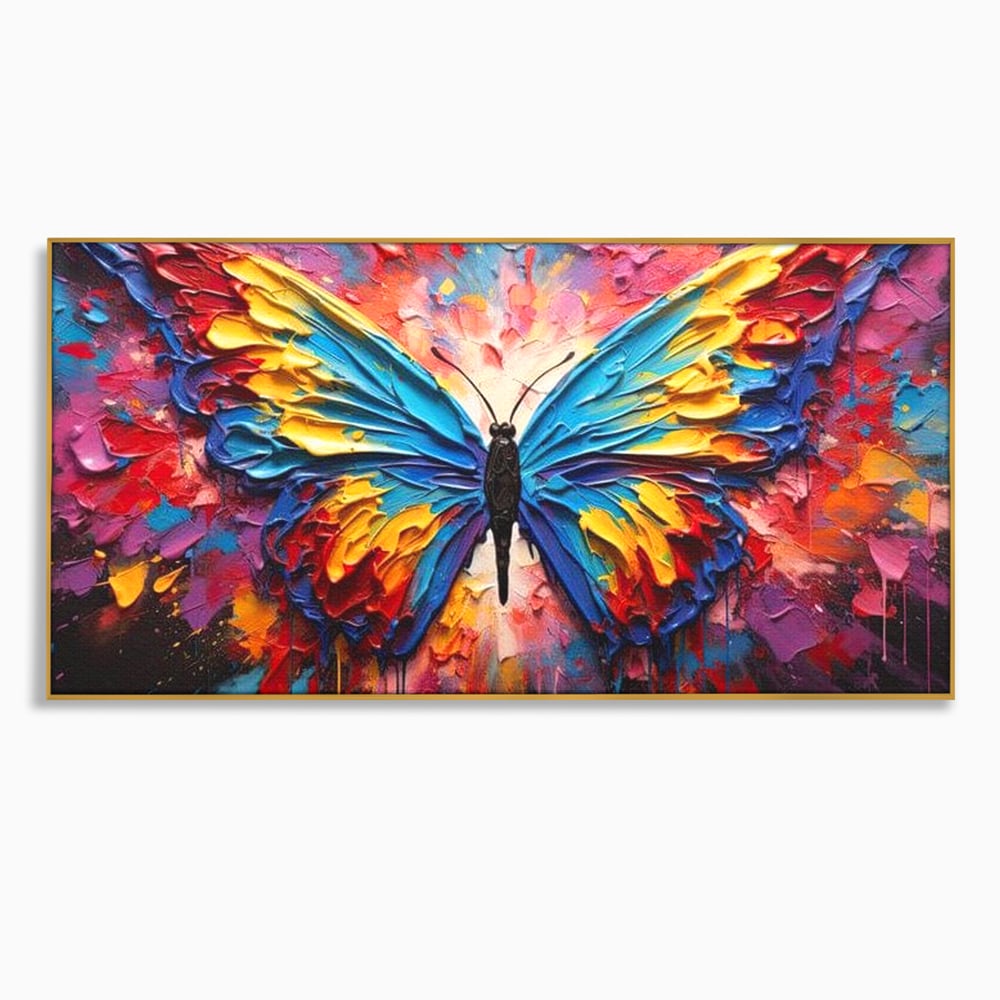 Tablou canvas cu pictura cu fluture colorat, in rama de aluminiu auriu