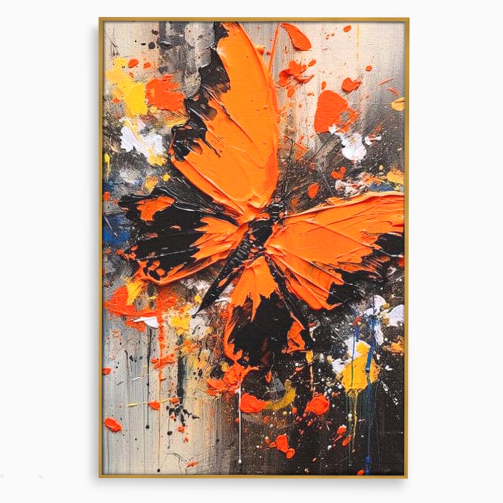 Tablou canvas cu tablou canvas cu fluture portocaliu pe fundal antracit, in rama de aluminiu auriu