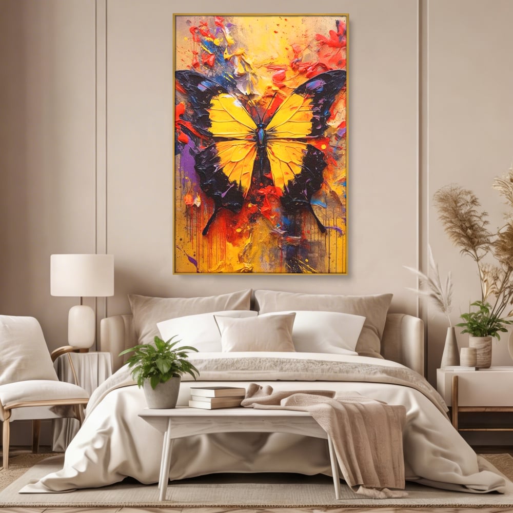 Tablou canvas cu pictura cu fluture galben, in rama de aluminiu auriu, pe perete intr-un dormitor