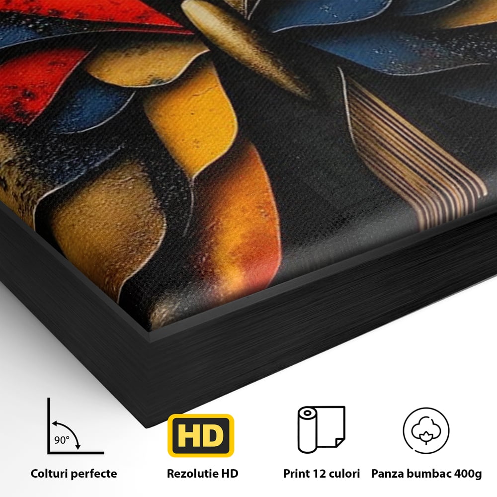 Detaliu al suprafetei: tablou canvas cu fluture abstract, in rama de aluminiu negru