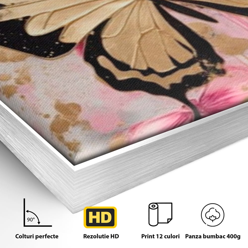Detaliu al suprafetei: tablou canvas cu fluture auriu si graffiti roz, in rama de aluminiu argintiu