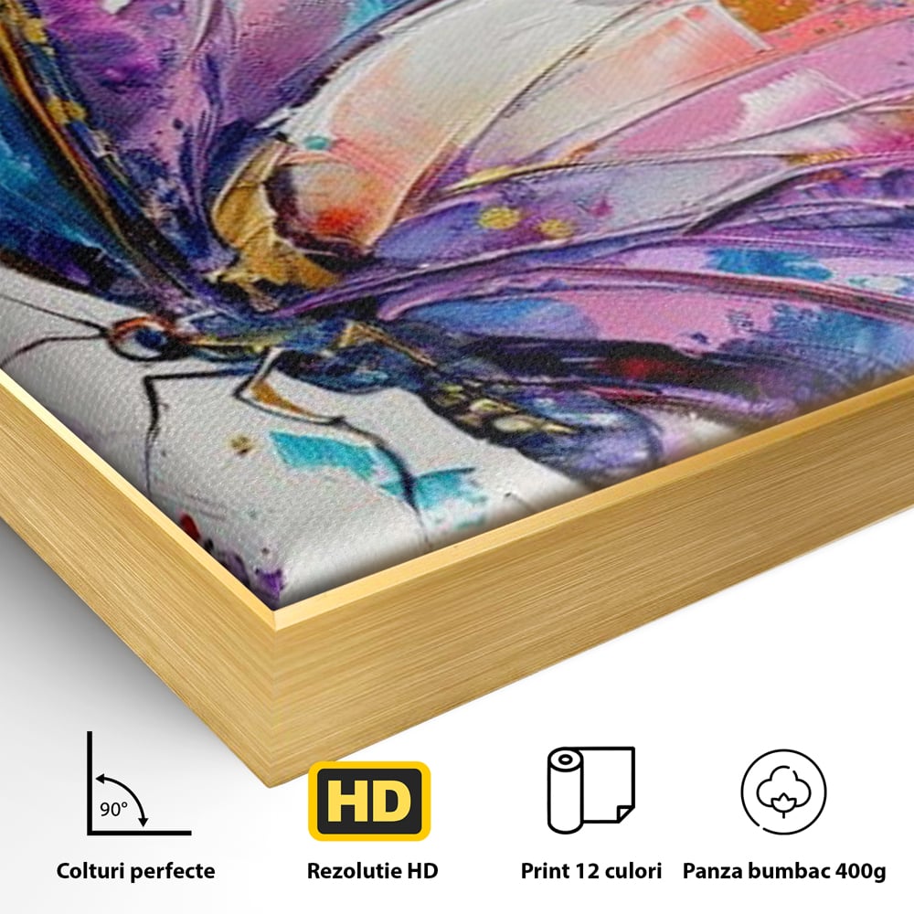 Detaliu al suprafetei: tablou canvas cu fluture pictat in nuante de violet, in rama de aluminiu auriu