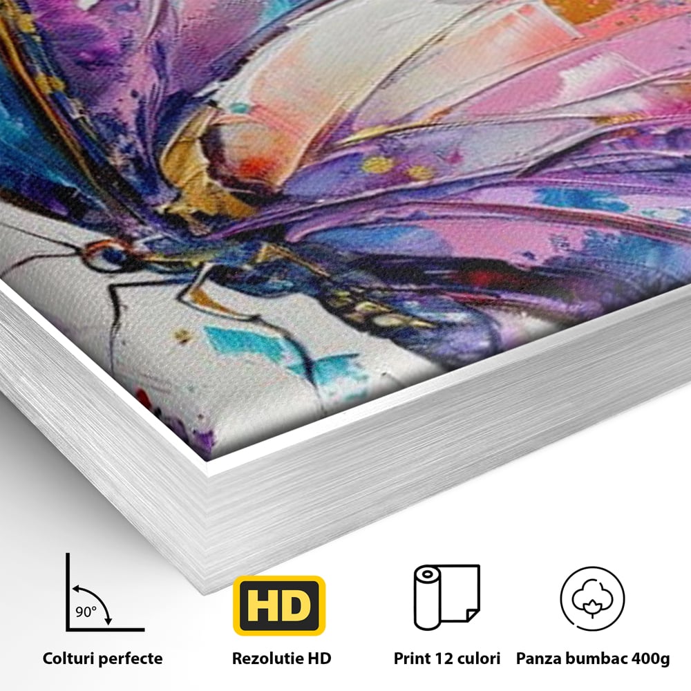 Detaliu al suprafetei: tablou canvas cu fluture pictat in nuante de violet, in rama de aluminiu argintiu