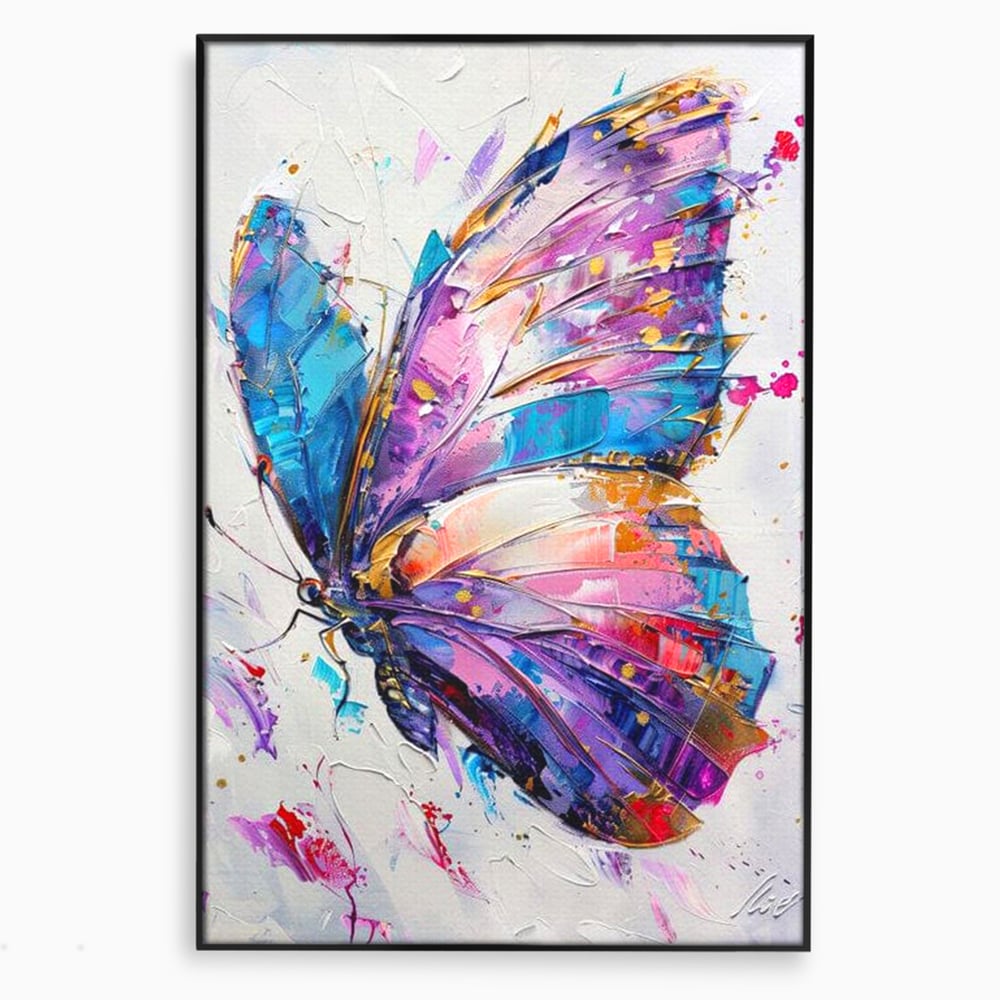Tablou canvas cu tablou canvas cu fluture pictat in nuante de violet, in rama de aluminiu negru