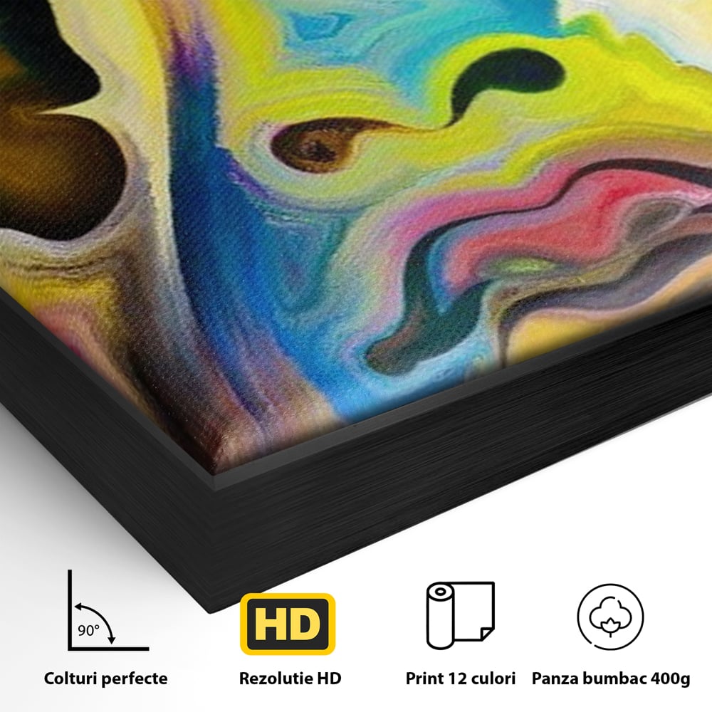 Detaliu al suprafetei: tablou canvas cu chip abstract si fluture, in rama de aluminiu negru
