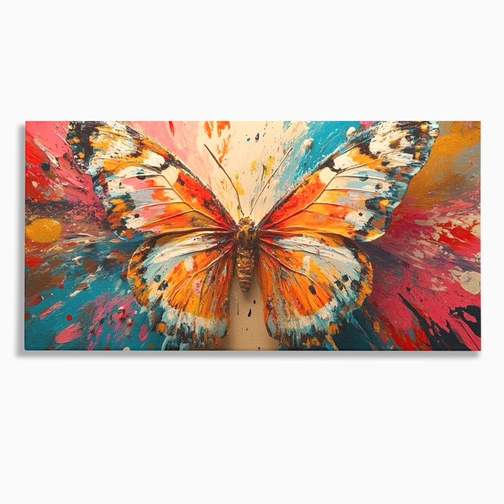 Tablou canvas cu pictura canvas cu fluture portocaliu pe fond cromatic, fara rama, pe sasiu de lemn