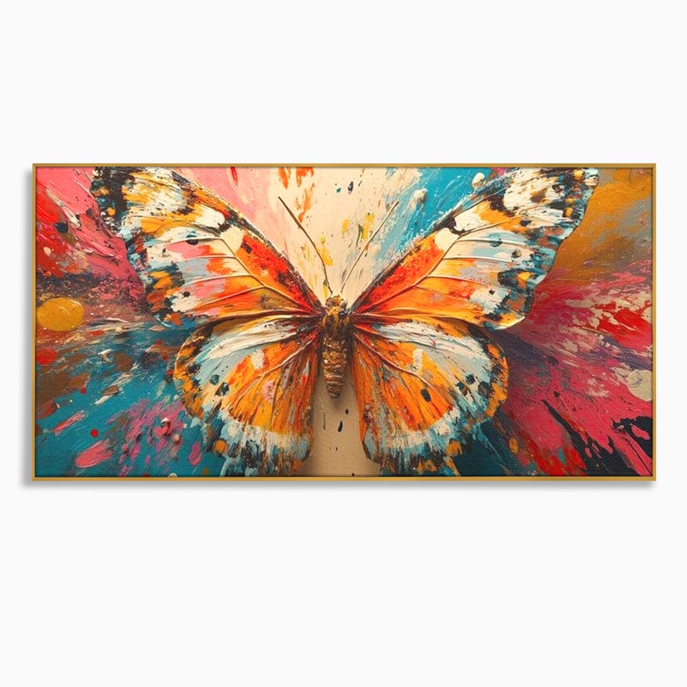 Tablou canvas cu pictura canvas cu fluture portocaliu pe fond cromatic, in rama de aluminiu auriu