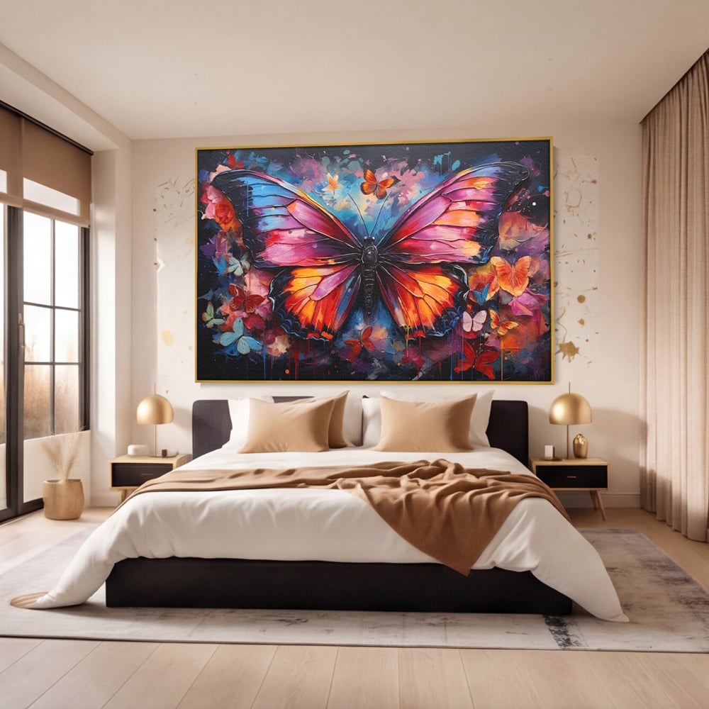 Tablou canvas cu tablou canvas cu fluture central multicolor, in rama de aluminiu auriu, pe perete intr-un dormitor
