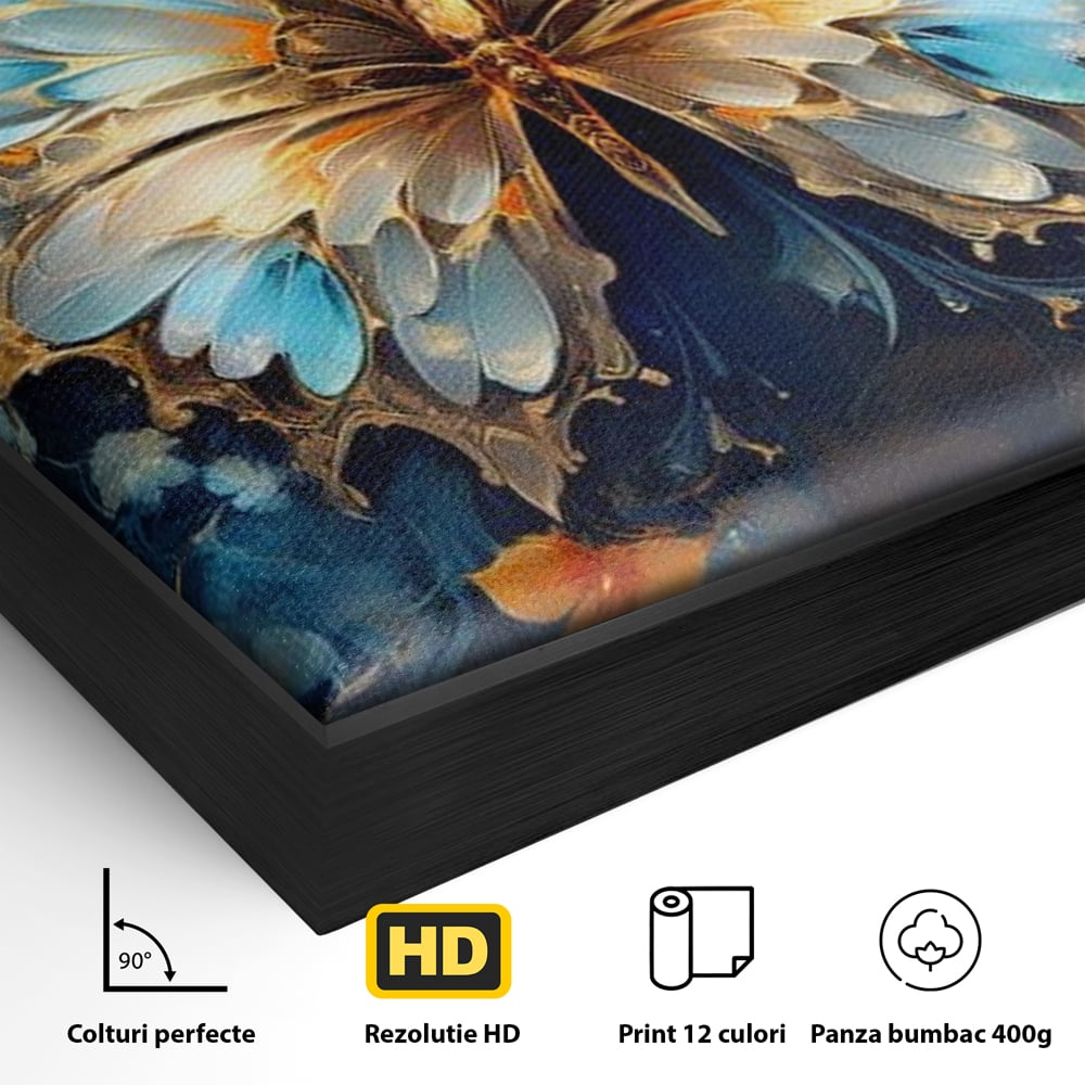 Detaliu al suprafetei: tablou canvas cu fluture si flori, in rama de aluminiu negru